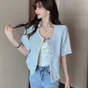 Women Jackets Summer Korean Chic Female O-Neck Trim Double Pocket Puff Sleeved Tweed Coats 210531