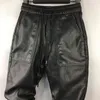 Idopy Men`s Winter Warm Faux Leather Harem Pants Elastic Waist Drawstring PU Joggings Trousers For Male 211112