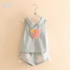 Girls Clothes Summer 2-10T Years Old Kids Embroidery Lovely Flower Heart Vest T Shirt+Shorts Lace Denim Blue 2 Piece Sets 210701