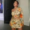 ANJAMANOR Kylie Jenner Sexy Print Mini DrBirthday Club Outfits Hollow Out Lace Up One Shoulder Bodycon Bandage DrD70BE21 X0529