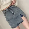 KOREJPAA Femmes Jupes Été Coréen Chic Femelle Retro Slim-Fit Design Split Blue High Taille Sac Hip Denim Jupe 210526