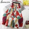 Surmiitro floral imprimé mousseline maxi jupe femme avec taille haute printemps estivale estivale dames rouge noir longue jupe plissée femelle 210724