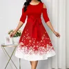 Casual Dresses Red Dress Women 2021 Belted Snowflake Print Cold Shoulder Round Neck Plus Size Fashion Ladies Christmas Party277o