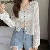 Spring Summer Elegant Lace Women Blouses See-through Long Sleeve White Shirt Tops Ladies V Neck Hollow Out Blusas 210601