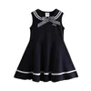 Summer Preppy Style 3 4 6 8 10 12 Years Children Sleeveless Bow Sailor Collar Navy Blue Kids Baby Girls Military Dress 210529