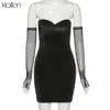 KLALIEN Mode Sexy Party Strand Geburtstag Schwarz Trägerloses Kleid Frauen Einfache Schlanke Abnehmbare Mesh ärmel Weibliche Kleid 210719