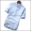 Mens Casual Shirts Clothing Apparel 5 Color 2021 Cotton Linen Chinese Stand Collar Slim Three Quarter Fashion Solid Shirt S-3Xl Drop Deliver