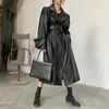 Lautaro Long oversized leather trench coat for women long sleeve lapel loose fit Fall Stylish black women clothing streetwear 210909