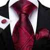 Båge slipsar män röd silke slips uppsättning bröllop tillbehör mens nacke med näsduk manschettknappar grossist föremål för affärsfall