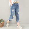 Japanse Mori Girl Sweet Flower Borduurwerk Demin Broek Dames Vintage Elastische Taille Gat Vrouwelijke Vestido Calf-length Jeans U208 Q0801