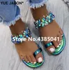 GAI GAI GAI Goud Blauw Kleurrijke Slippers Bling Merk Slipper Platte Vrijetijdsschoenen Slip op Slippers Strand Slippers Sandalen Kristal Diamant Dames Y200423