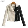 Women039s Leather Faux FTLZZ Spring Autumn Women Short Jacket Black White Splicing Moto Bike PU Coat Slim Zipper Design Locom6697512