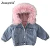 Denim Jacket Fur Hooded Winter Baby Girl Warm Thick Toddler Boys Jeans Cotton Kids Parka Children Clothes 211204