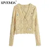 KPYTOMOA Women Fashion Floral Embroidery Cropped Knitted Cardigan Sweater Vintage Long Sleeve Female Outerwear Chic Tops 210812
