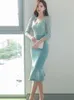 Весна элегантное кружевное лоскутное офисное рабочее платье женщины V-образным вырезом Высокая талия Bodycon Русалка платья корейской вечеринки Vestidos 210529