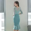 Vår elegant spets Patchwork Office Arbetsklänning Kvinnor V-Neck Hög midja Bodycon Mermaid Klänningar Koreanska Party Vestidos 210529