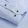 8XL Stand Collar Striped T Shirts Slim Fit Non-Iron Business Men Klä Långärmad Sociala Male Toppar Framficka Lättvård 210721