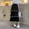 PERHAPS U Black Pink Solid Cascading Ruffle Midi Skirt Casual Empire Ruched Cake Skirt Summer S0233 210529