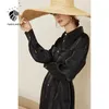 Fansilanen光沢のある長袖の黒のMidi Shirt Dress女性ベルトエレガントな春女性カジュアルオフィスES 210607
