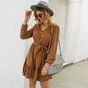 Aelegantmis Streetwear Spring Casual Midi Dress Women Sexy V Neck Party High Waist Slim Short Ladies A-Line ES 210607