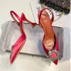 2024 Blue Women Pumps Silk Satin Pointy Toe Crystal High Heels Shoes Slip On Wedding Fashion Retro Sandal