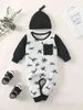 Baby Stripe & Dinosaur Print Patched Pocket Jumpsuit With Hat SHE