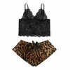 Piżamy Sleepwear Sexy Sleepwear Set Kobiety Koronki Crop Top Bielizna Leopard Spodenki Spodenki Bokser Bokser Piżama Satin Q0706