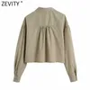 Zevity Women Simply Solid Color Podwójne kieszenie Patch Krótkie koszule Office Lady Długie Rękaw Bluzka Roupas Chic Chemise Topy LS9240 210603