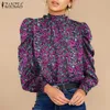 Women's Blouses Women's & Shirts Autumn Bohemian Blouse Vintage Women Elegant Long Puff Sleeve Floral Printed Tops Lace Up Work Casual