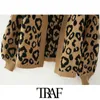 TRAF Women Fashion Leopard Mönster Lös Strikkad Cardigan Sweater Vintage Lantern Sleeve Kvinna Ytterkläder Chic Toppar 211018