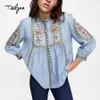 TEELYNN Bule boho blusa otoño floral bordado o-cuello puff manga boho blusas hippie camisa suelta blusa para mujer top 210225