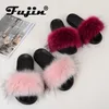 FUJIN Furry Slajdy do Unisex Kobiety Futro Skórzane Faux Letnie Buty Kryty Furry Kapcie Płaskie Sandały damskie Zapatos de Mujer Q0508