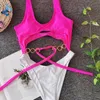 Colysmo Sexy Bikini Swimsuit Women Contrasting Colors Hollow Out Metal Chain Lace Up Monokini Hight Cut Swimwear 210527