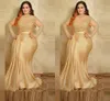 Champagne Gold Mermaid Evening Dresses 2022 Sheer O-neck Lace Stain Plus Size Long Sleeves Occasion Prom Mother Formal Dress