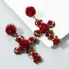 Long Cross Studs Earrings Women Retro Baroque Rose Flower Crystal Rhinestone Dangles Black Red White Color Fashion Design Acrylic 227x