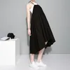 Summer Woman Solid Black Long Maxi Skirt Elastic Waist Pleated Infinite Skirt Convertible Lady Loose Casual Suspender Skirt 1388 210306