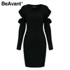 BeAvant Ruffle cold shoulder sweater dress elegant Long sleeve sexy winter dress women wine red bodycon autumn short dress 210709