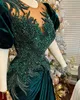 Plus storlek arabiska aso ebi mörkgröna sjöjungfrun prom klänningar pärlstav kristaller sammet kväll formell fest andra mottagning