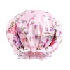 Large Size Satin Floral Print Waterproof Shower Cap With Elastic Band Double Layer Bonnet Bath Hat For Women Soft Headcover