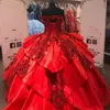 Rote glitzernde Quinceanera-Abschlussballkleider 2021, schulterfrei, Spitze, Applikationen, Pailletten, Ballkleid, Tüll, Party, Sweet-16-Kleid, Quinceañera