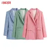 Tangada Women Double Breasted Tweed Blue Blazers Coat Office Lady Long Sleeve Pockets Female Outerwear BE508 211122