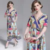 Summer Sexy V Neck Vintage Floral Print Bandage Dress Midi Long Party Women Casual Elegant Pleated Holiday Dresses 210529