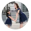 Summer Cotton Family Matching Outfits Mom And Daughter Mesh Dress Dad Son Blue White Stars Short T-shirt Children Clothing 210724