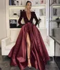 2021 Dark Green Elegant Evening Dresses With Long Sleeve Dubai Arabic Sequins Satin Prom Gowns Party Dress Deep V-Neck High Split