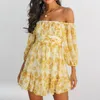 Off shoulder floral summer dress yellow Vintage high waist beach dress women 2021 Sexy short dresses vestidos