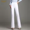 Femmes OL Minceur Bureau Pantalon évasé Taille haute Plus Taille Pure Couleur Coton Extensible Droite Casual Blanc Noir Pantalon S 4XL 210925