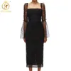 HMA Automne Fashion Designer Flocage Wave Point Dresse Flare Manches Longues Élastique Maille Élégante Robes De Fête 210623