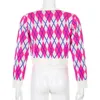 여성용 니트 티셔츠 달콤한 패션 핑크 아가일 격자 무늬 가을 카디건 여성 스웨터 버튼 Y2K 빈티지 잘라낸 카디건 코트 니트 스웨터