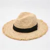 Raffia Hat Panama соломенная шапка лето черная лента женщин мужчины широкий Brem Beach Sun Cap UV защита джаз федора шляпы