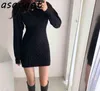 Korean Ins Jesień Winter Temperament Round Neck Sweter Sukienka Bodycon Otwórz Powrót Slim Wrap Hip Dzianiny Dres Chic Gruby 211221